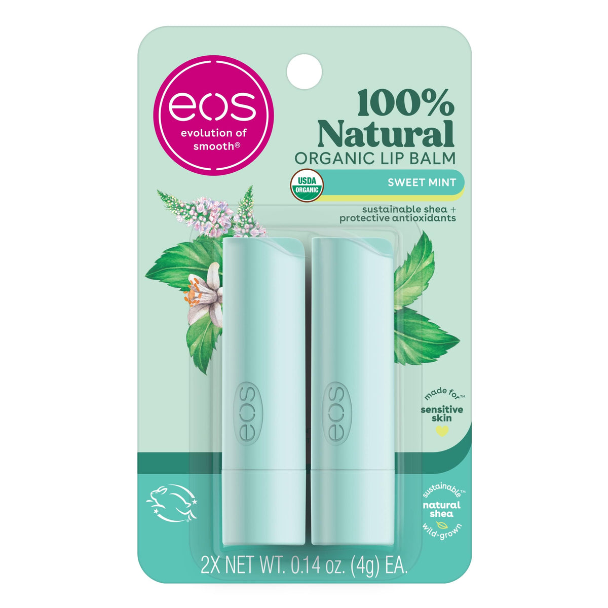 EOS Sweet Mint lip balm pack shot showing natural ingredients for healthier lips
