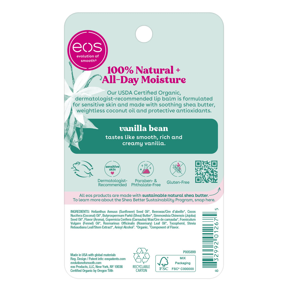 eos Vanilla Bean lip balm in makeup bag for daily routines