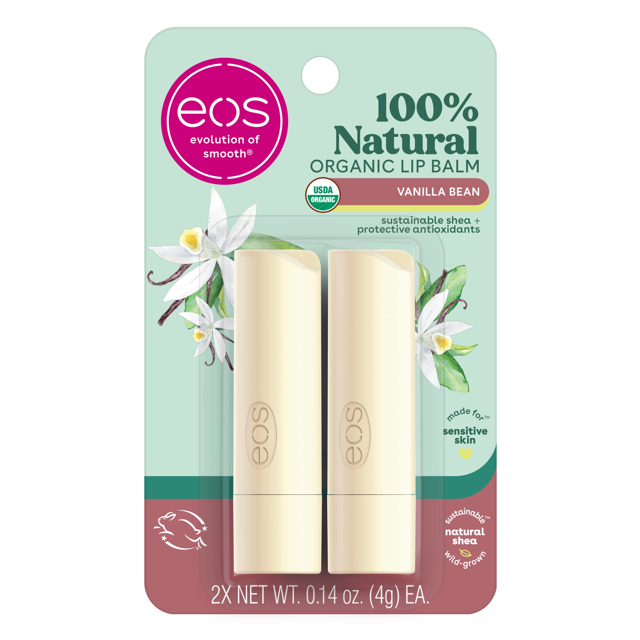 eos Vanilla Bean lip balm stick front view showing compact, all-day moisture