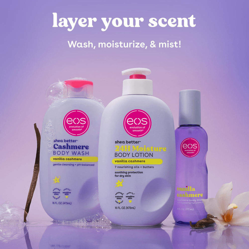 Hidratación 24h de eos Vanilla Cashmere, piel humectada todo el día.