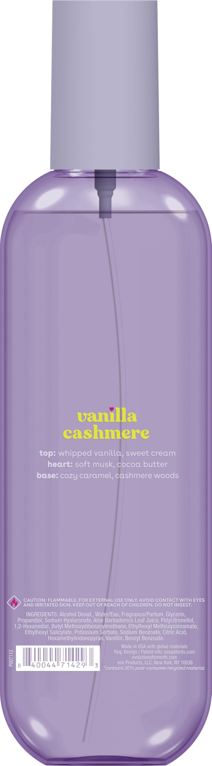 eos Vanilla Cashmere mist includes hyaluronic acid for moisture alongside scent.