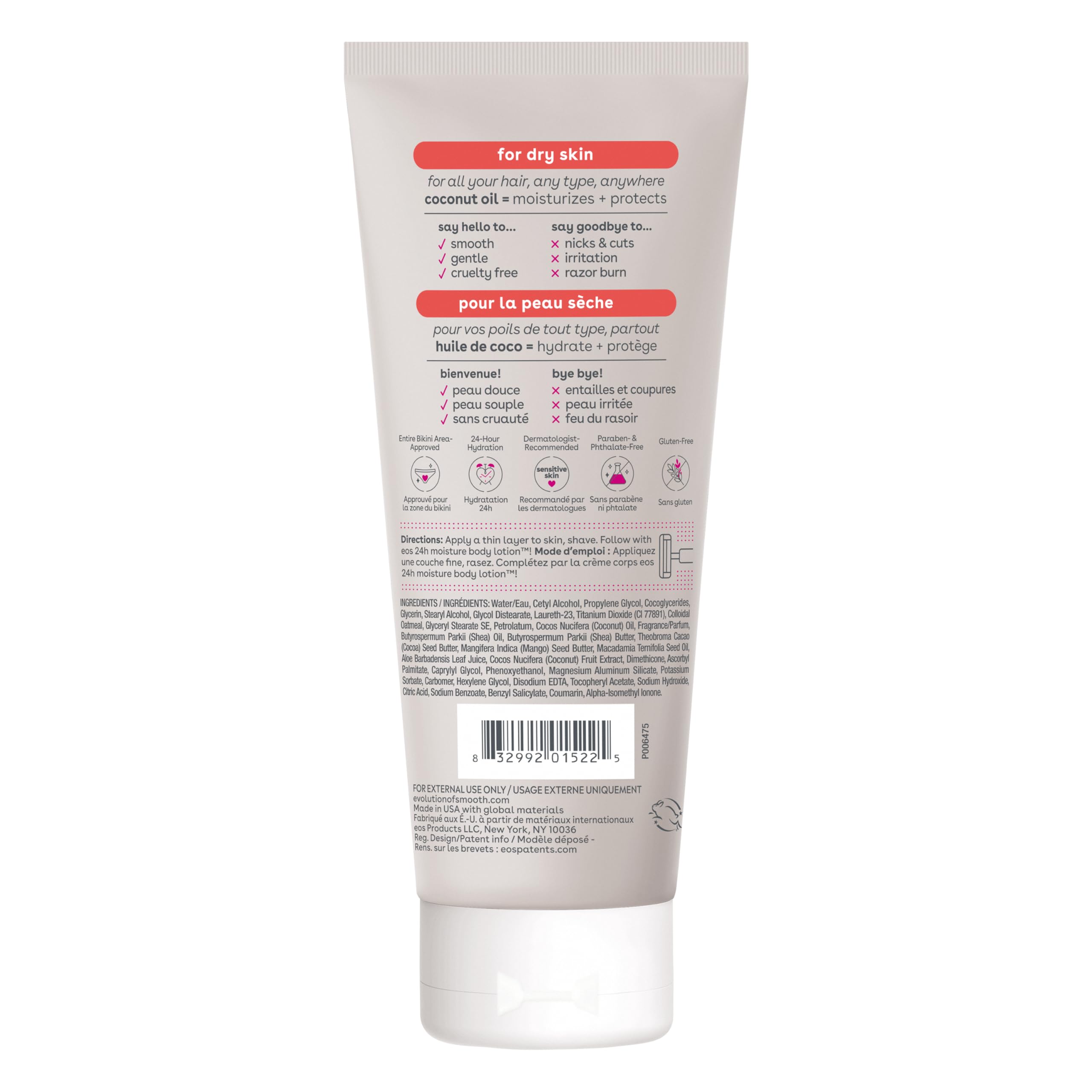 EOS vegan derma-tested label appears on the shaving cream packaging.