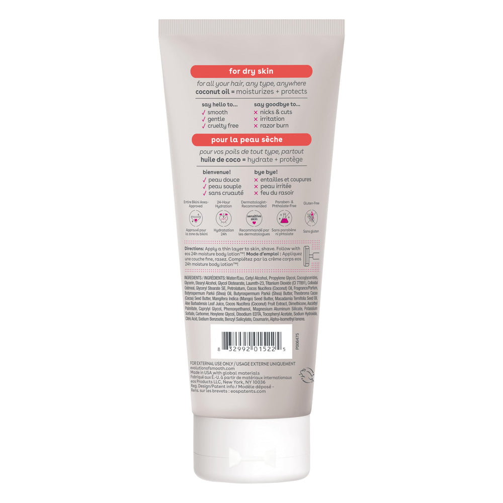 EOS vegan derma-tested label appears on the shaving cream packaging.