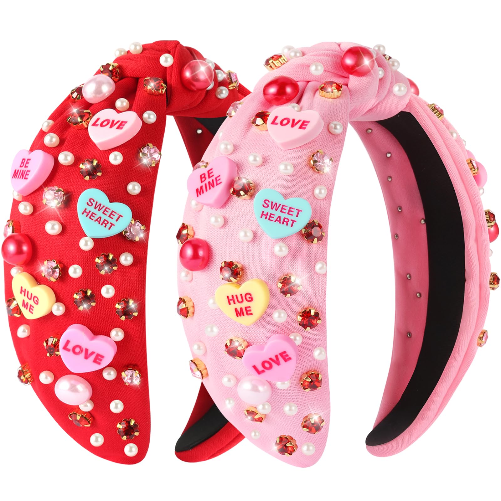 Eostankr Valentines heart headband in red with pearls and rhinestones for festive styling.