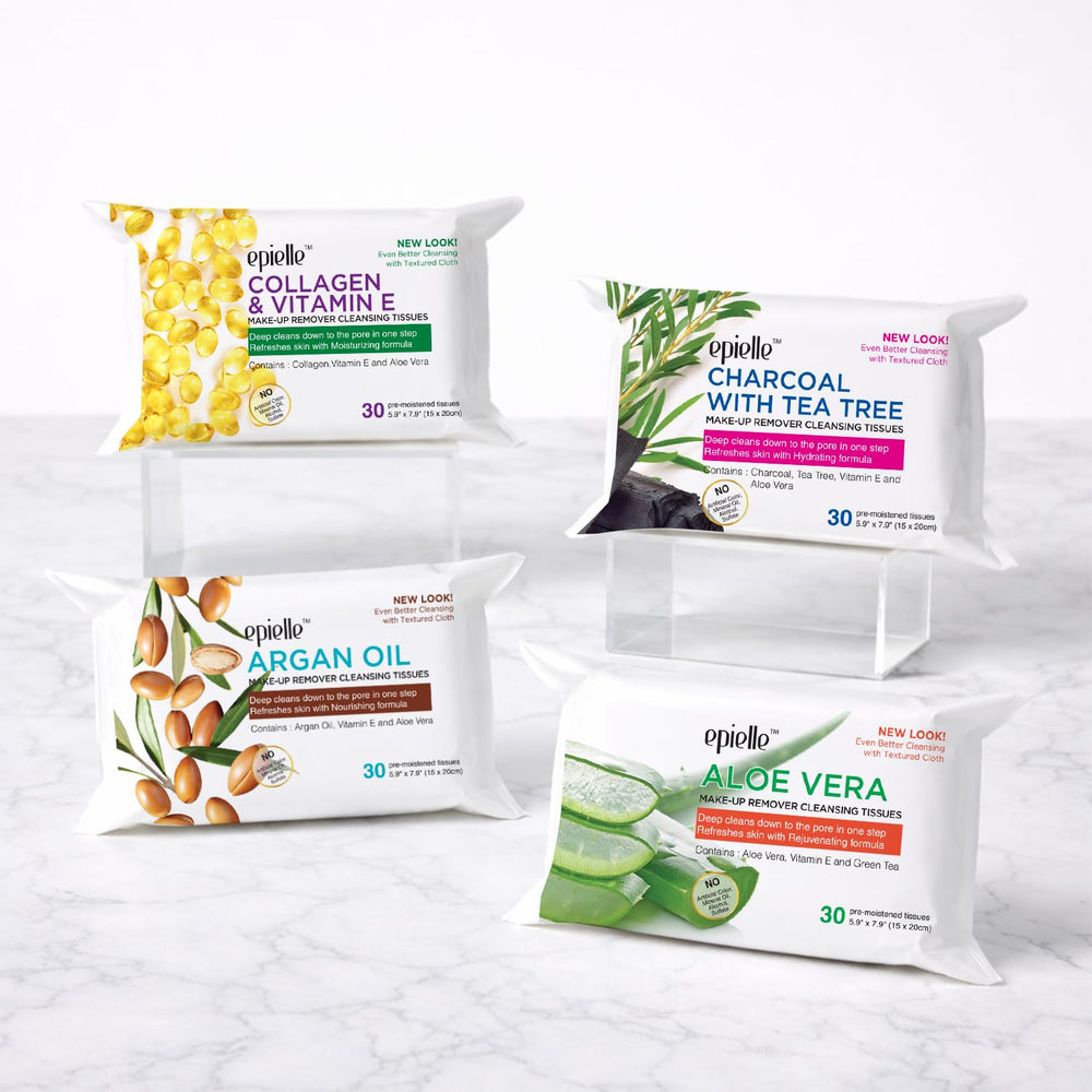 Epielle collagen-infused wipes close-up, providing gentle post-cleanse hydration.