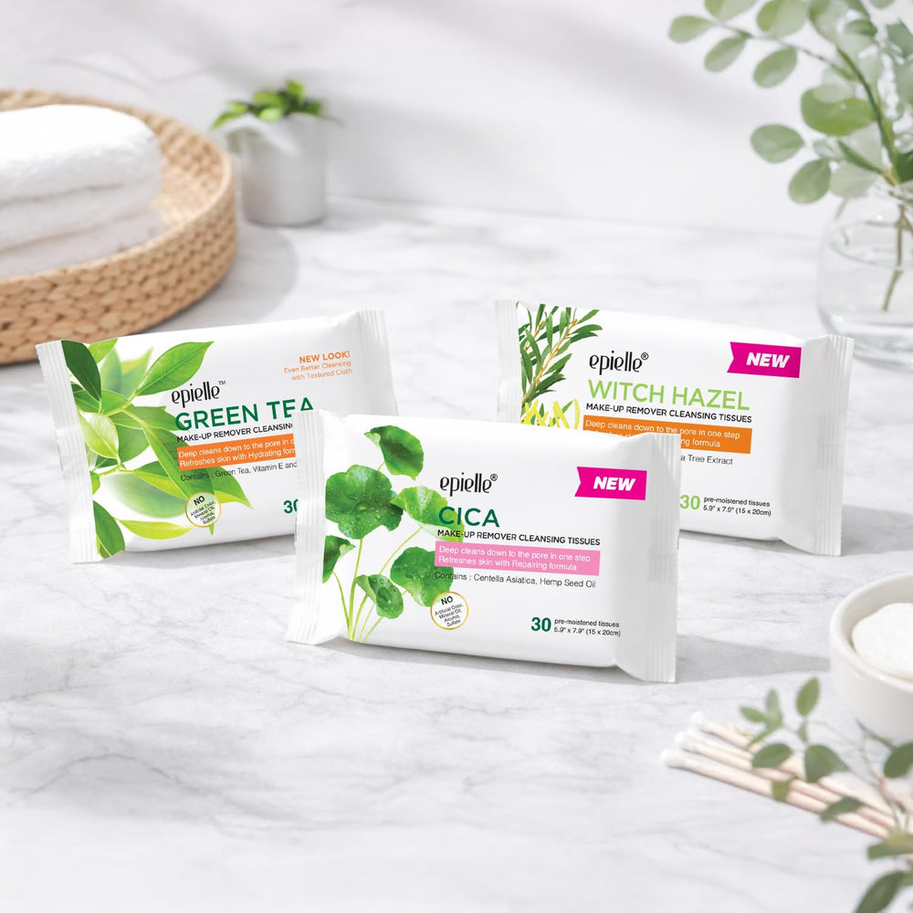 Epielle: textura húmeda de las toallitas para quitar maquillaje sin irritación.