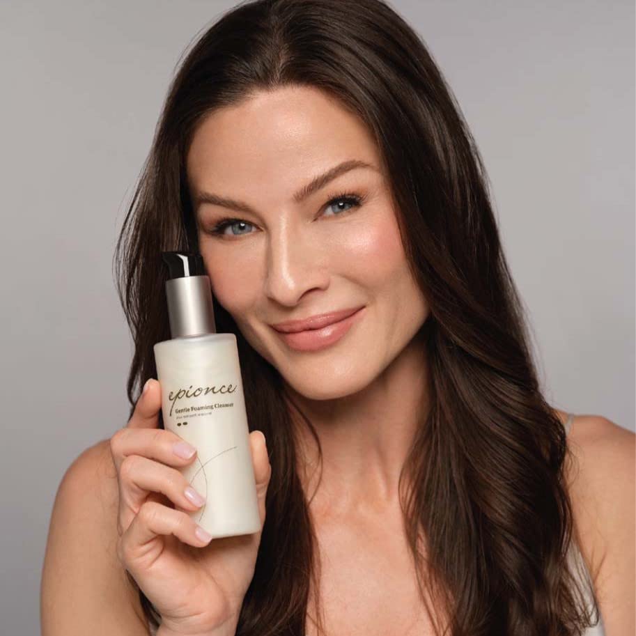 Epionce Gentle Foaming Cleanser bottle on counter suggests dermatologist-inspired skincare.