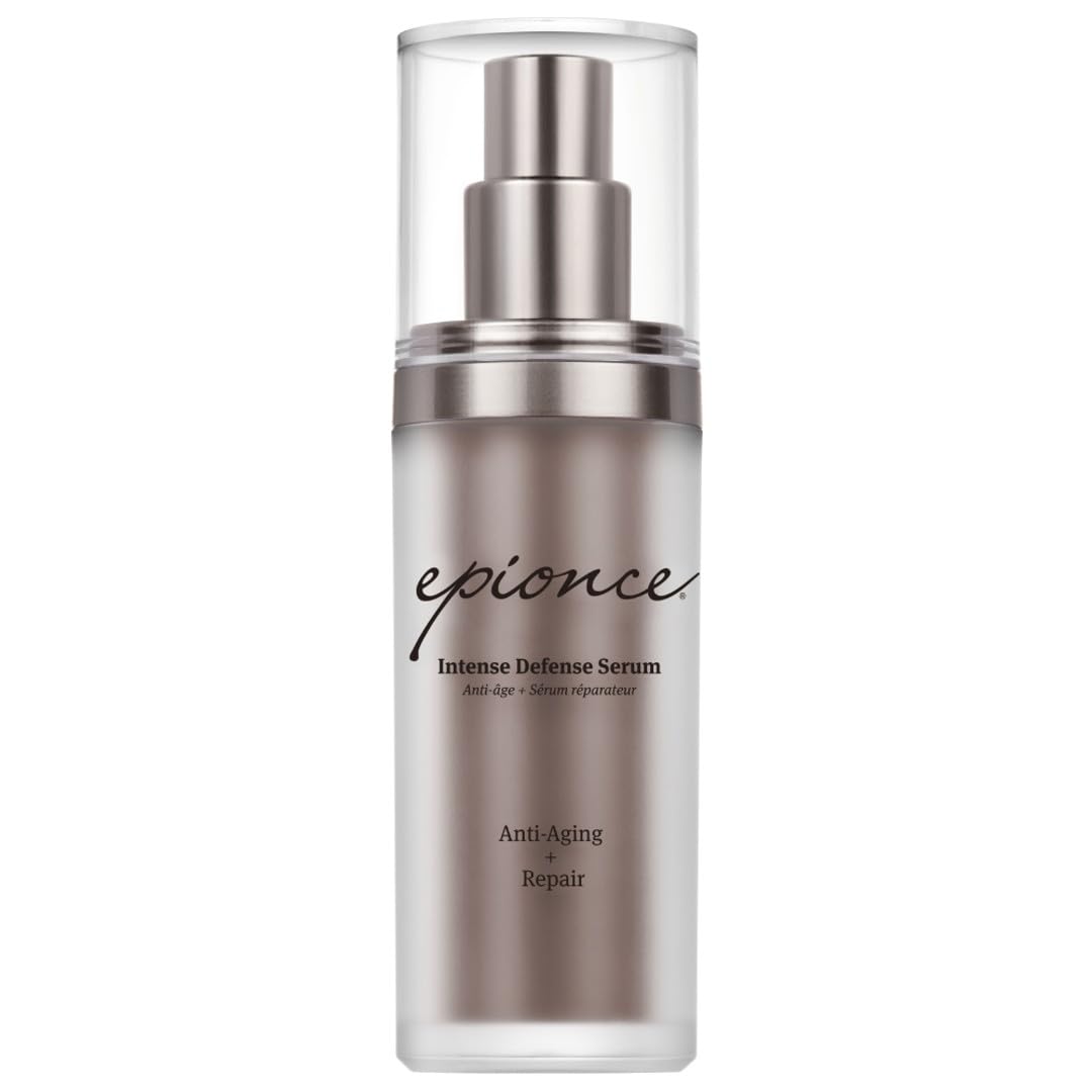 Epionce Intense Defense Serum bottle close-up showing premium anti-aging formula.