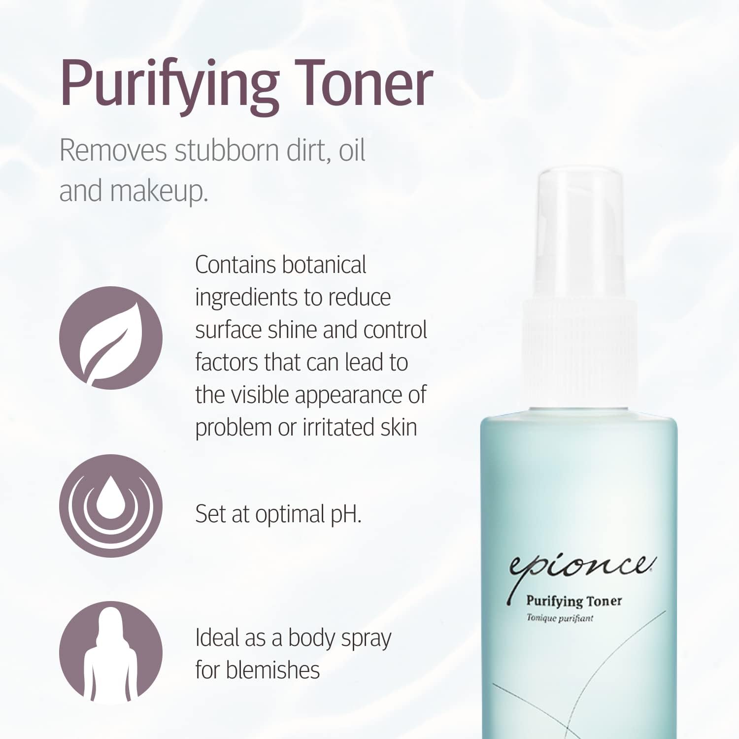 Epionce Purifying Toner label highlights dermatologist-developed formula.
