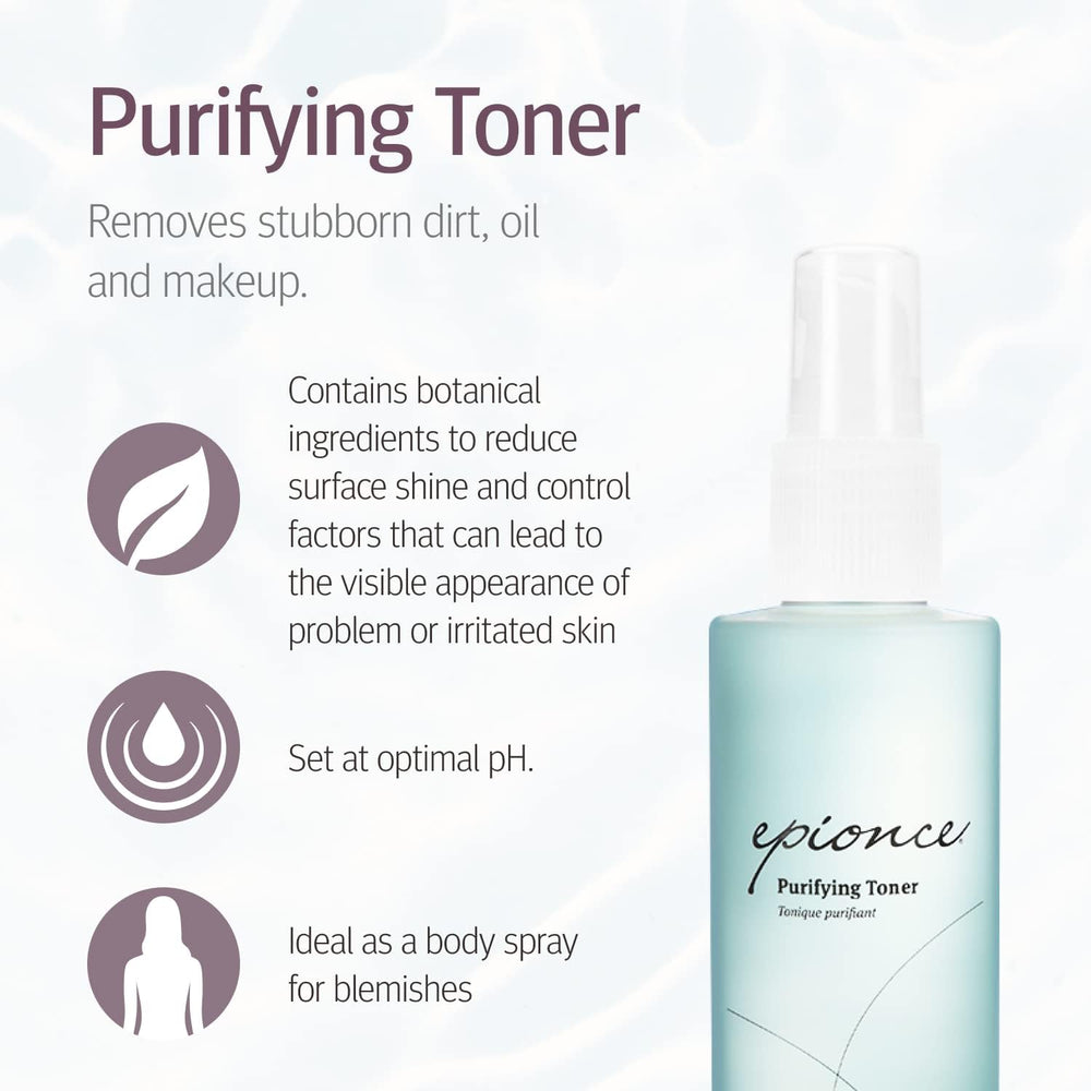 Epionce Purifying Toner label highlights dermatologist-developed formula.