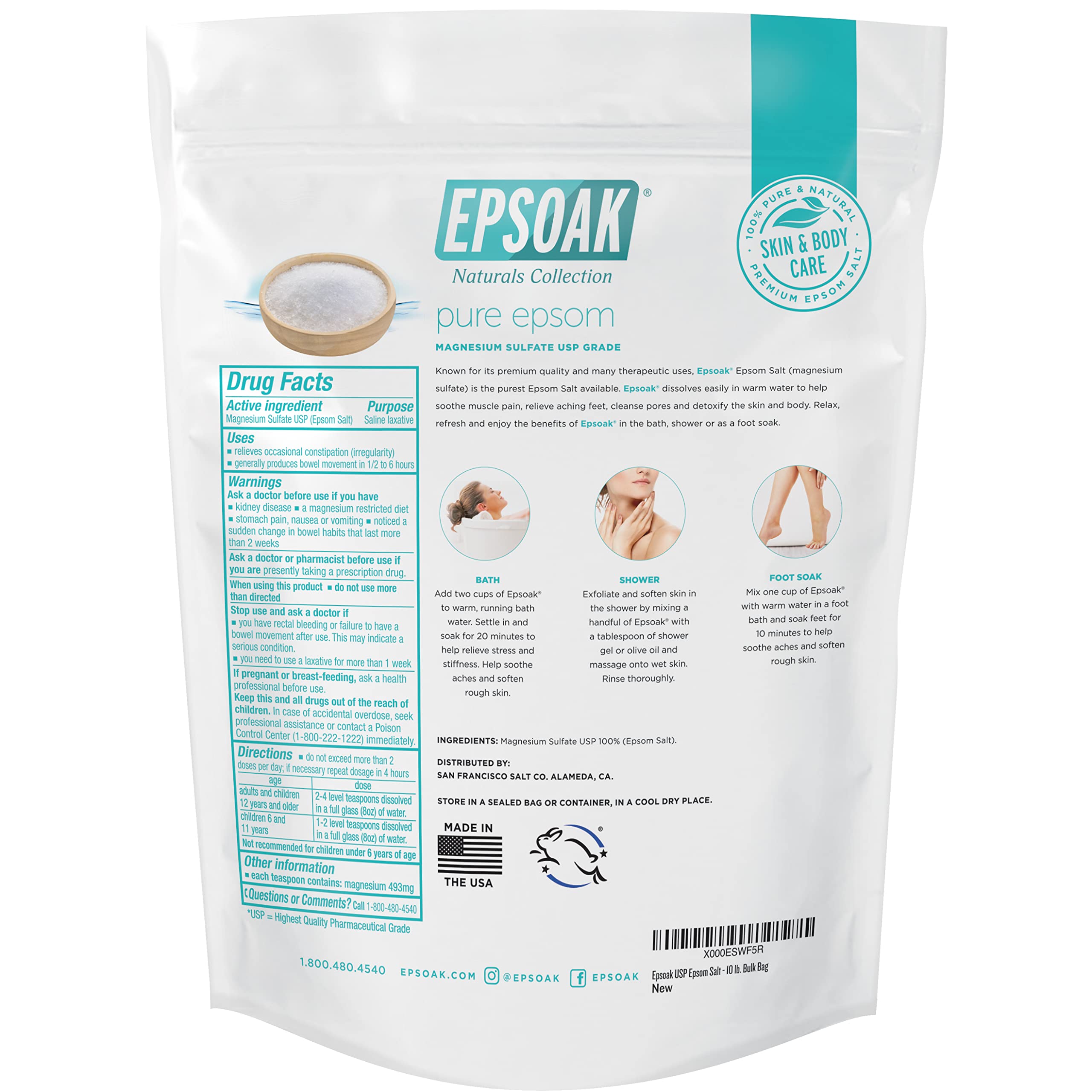 Epsoak Epsom Salt 10lb bag zipper shows resealable packaging
