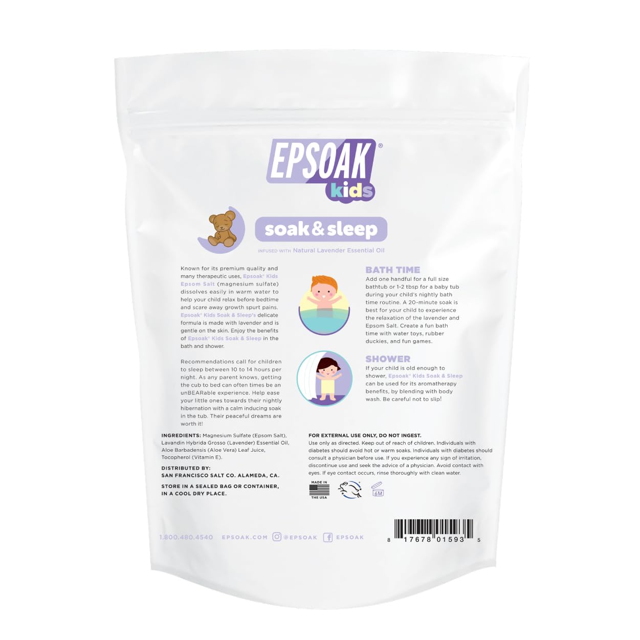 Epsoak Kids: etiqueta con lavanda para cuidado suave de la piel