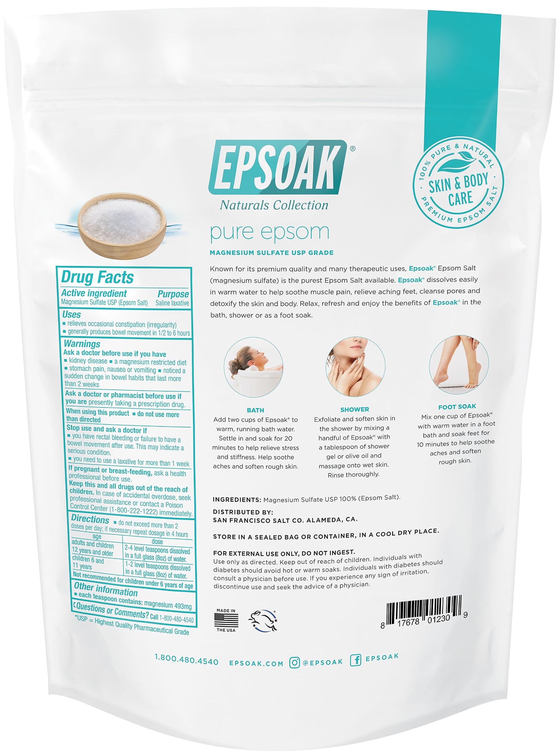 Epsoak Sal de Epsom, mezcla con gel de ducha para limpieza profunda.