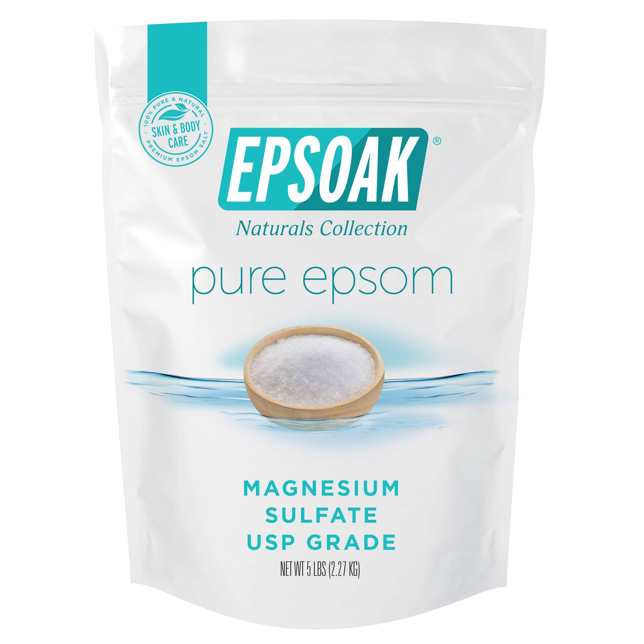 Epsoak Sal Epsom 5 libras, bolsa reutilizable, sin aroma para baño diario.