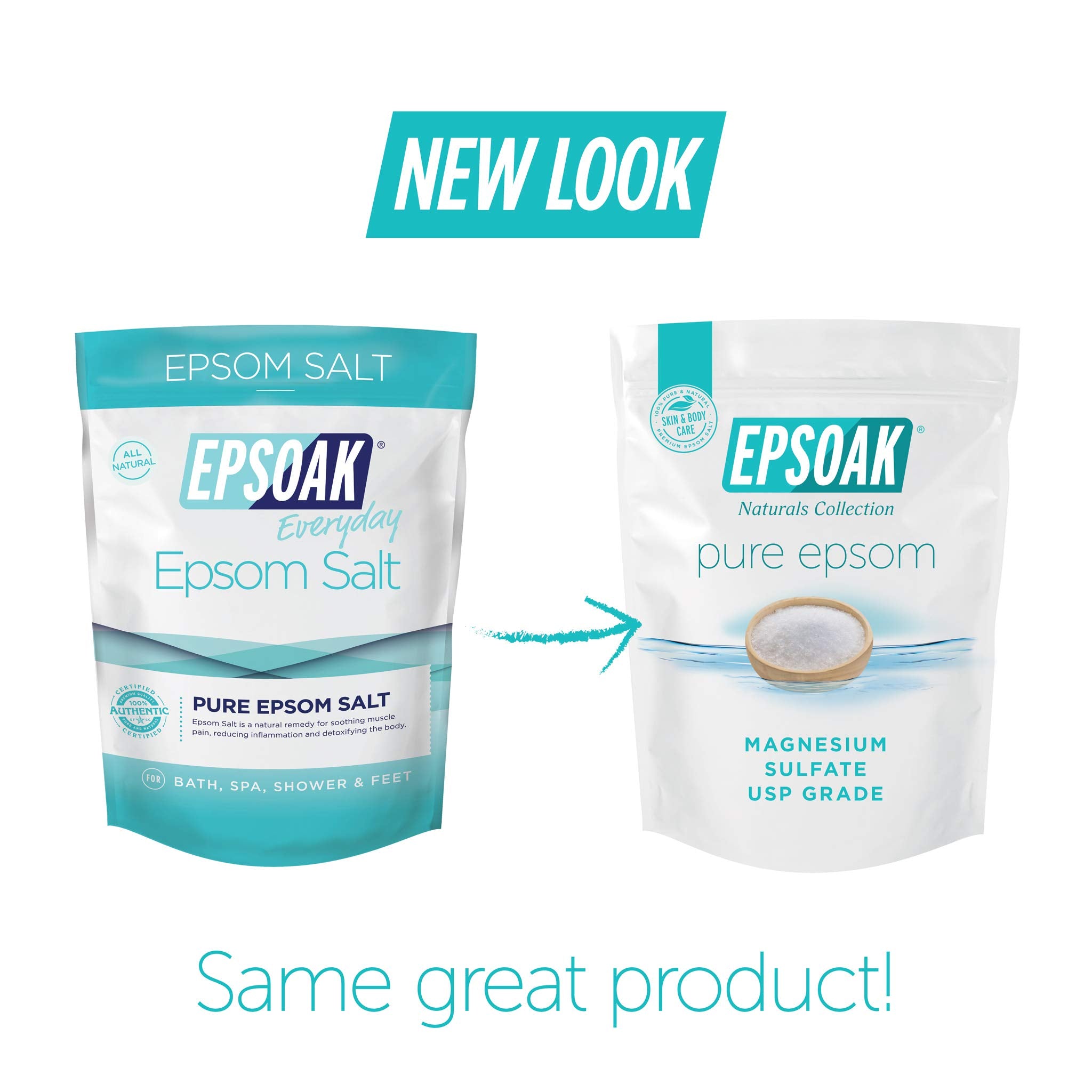 Epsoak unscented bath salt in resealable bag for fragrance-free routines.