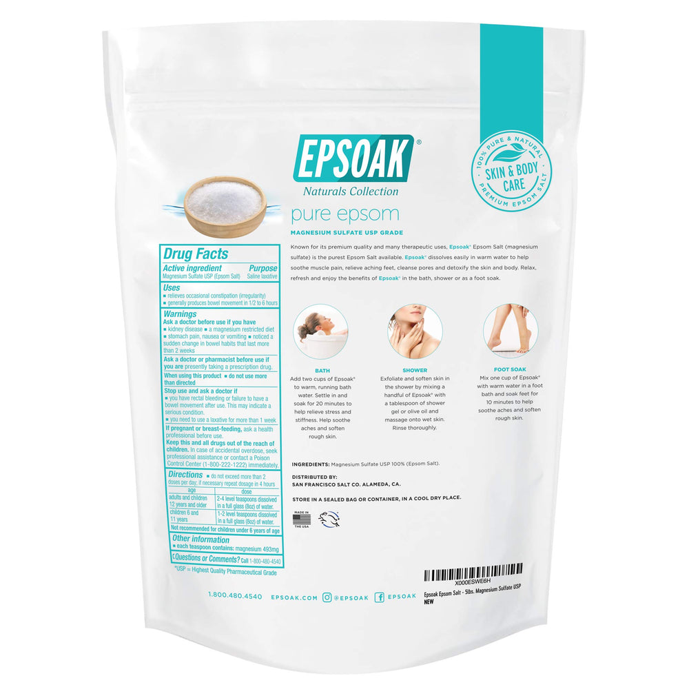 Epsoak USP-grade magnesium sulfate for quick-dissolving bath soaks.