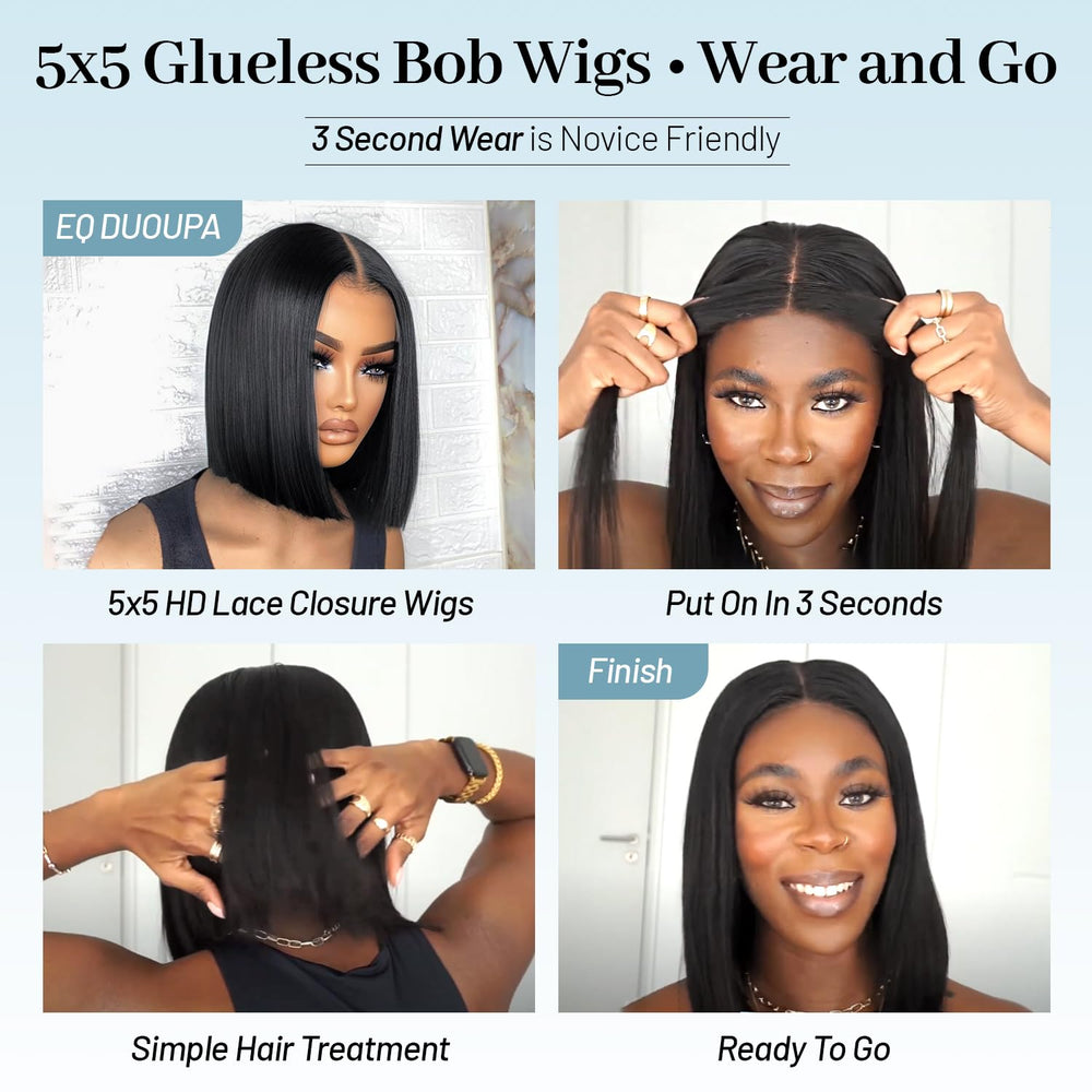 EQ DUOUPA Wear and Go glueless bob wig 10 inch length for classic bob styling.