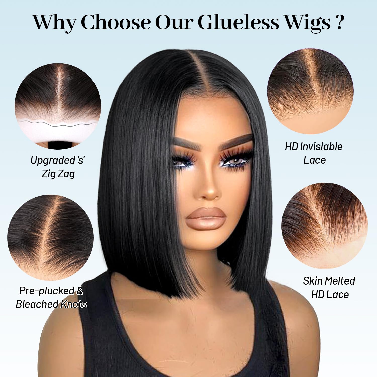 EQ DUOUPA Wear and Go glueless bob wig lace closure closeup showing seamless HD lace.