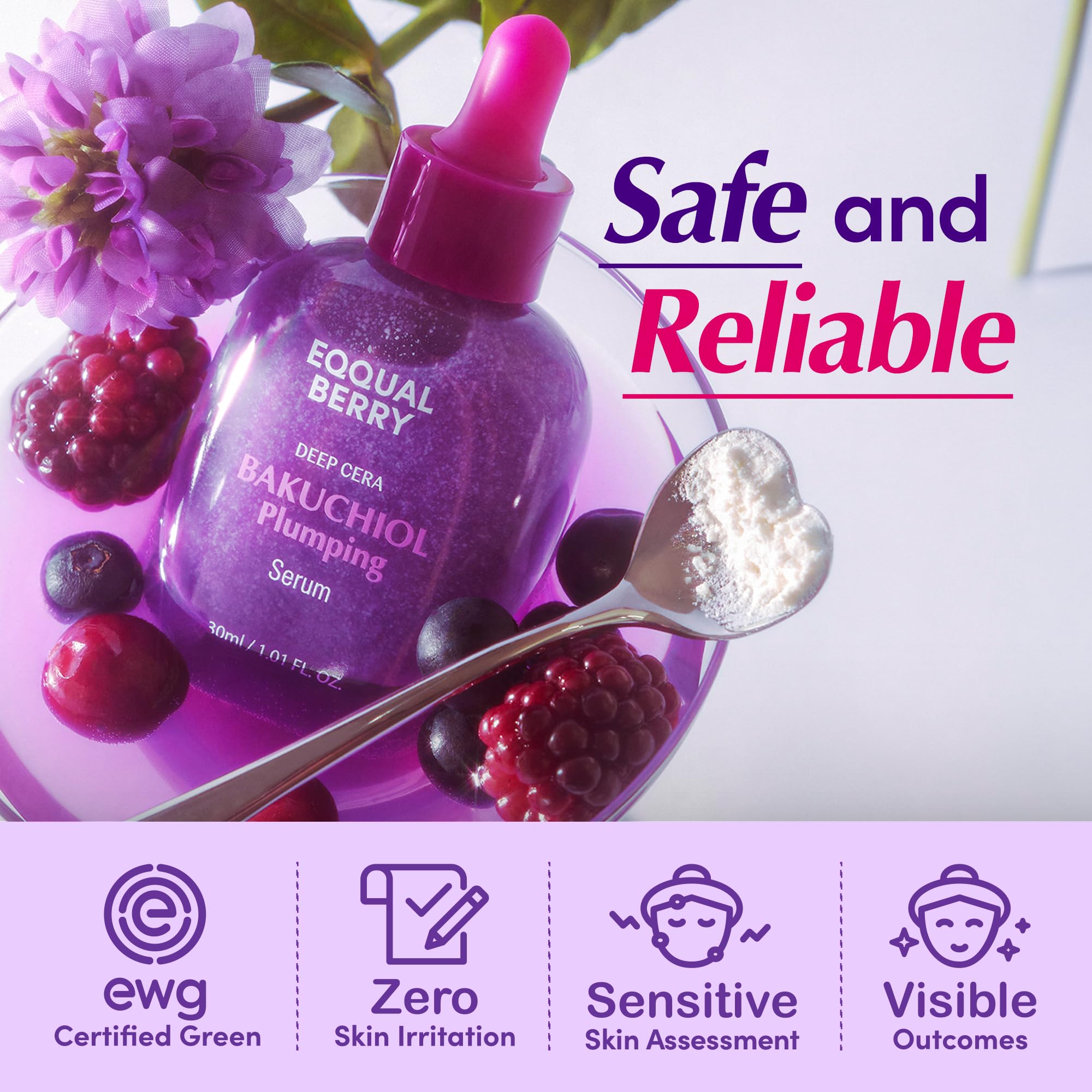 EQQUALBERRY Bakuchiol serum night routine image suggests evening skincare ritual.