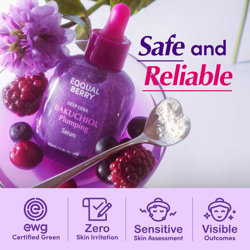 EQQUALBERRY Bakuchiol serum night routine image suggests evening skincare ritual.