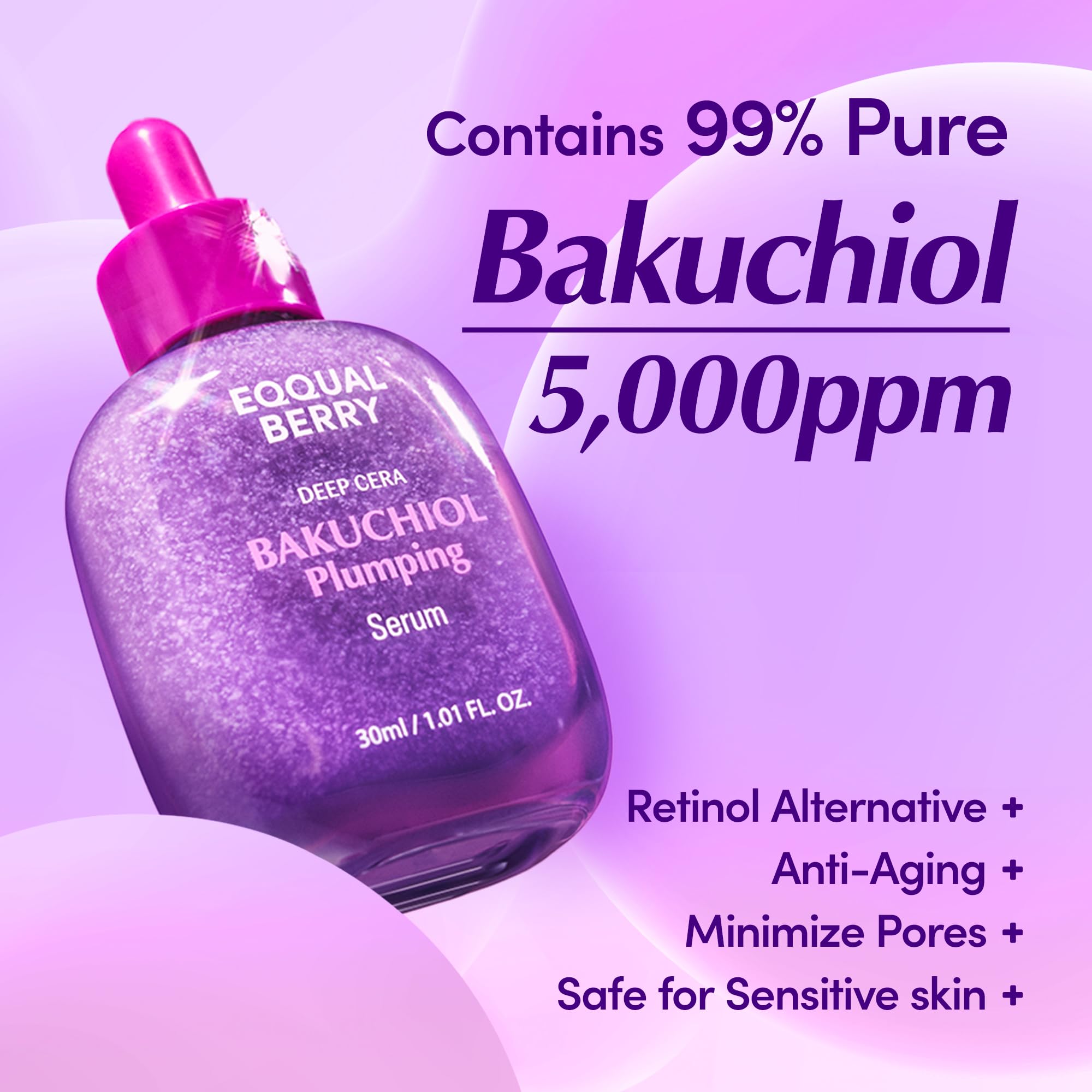 EQQUALBERRY Bakuchiol serum texture close-up shows creamy consistency for comfortable daily use.