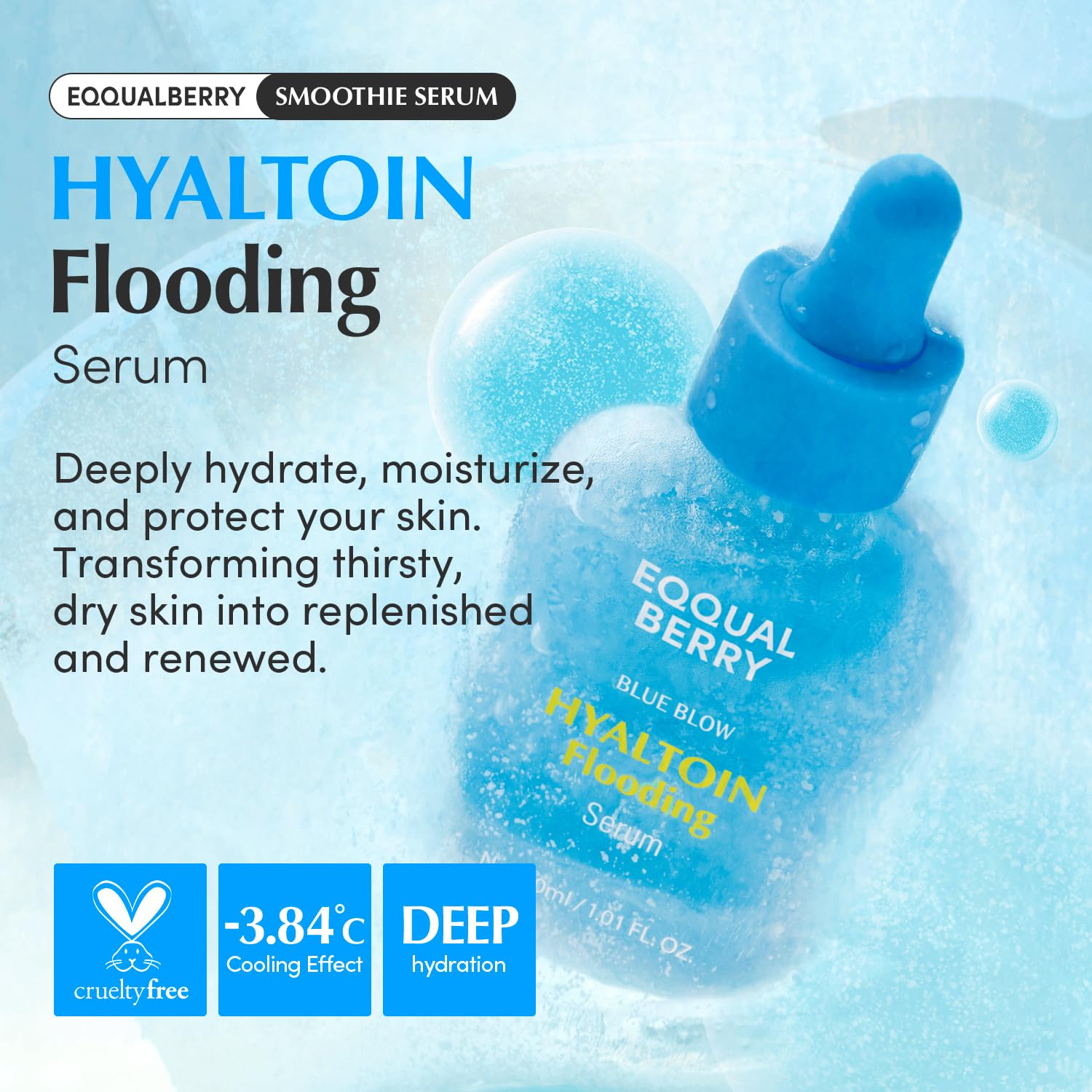 EQQUALBERRY Hyaltoin Serum con agua glaciar ofrece enfriamiento inmediato y hidratación duradera.