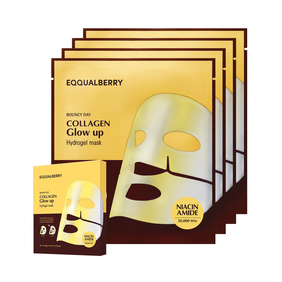 EQQUALBERRY mascarilla de colágeno brillo: envuelve el rostro con elegancia para uso diario.