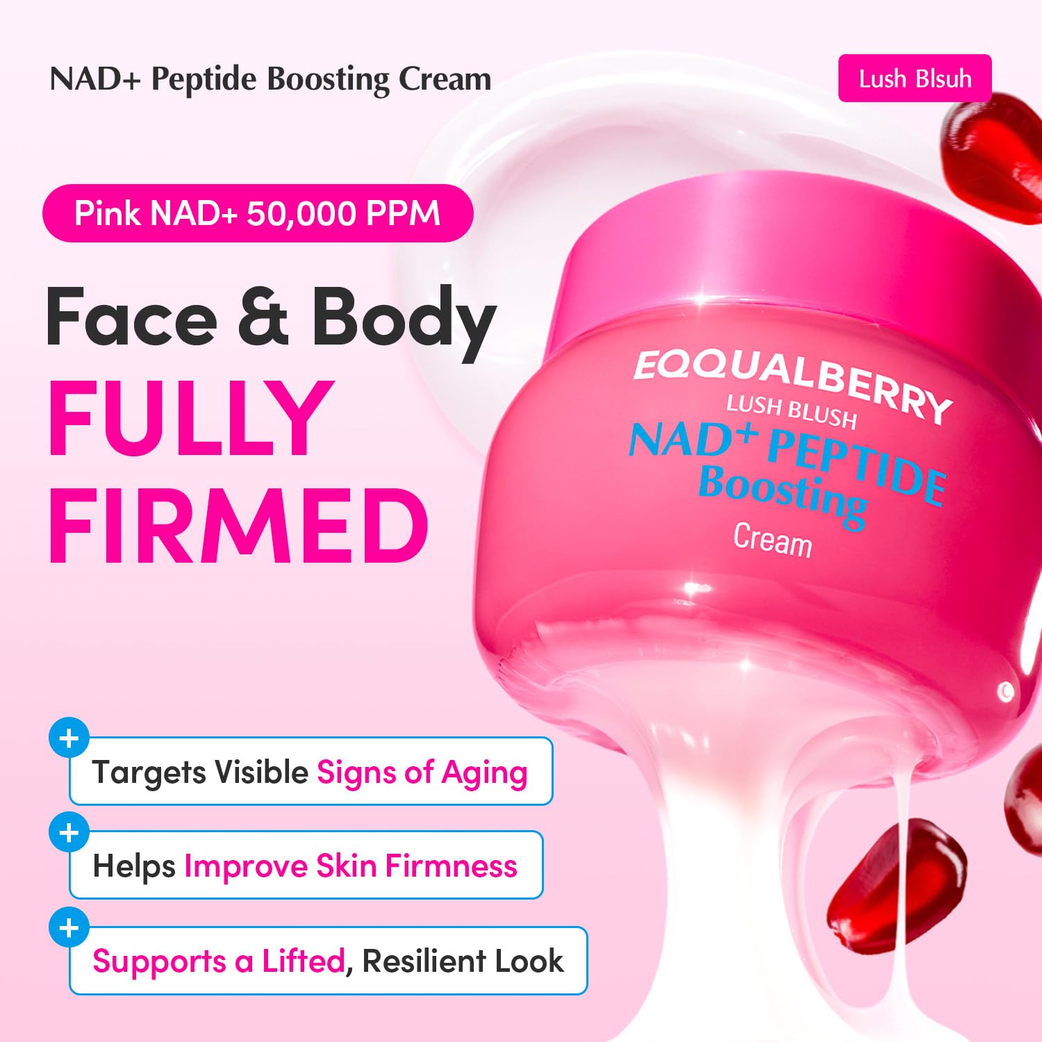 EQQUALBERRY NAD+ Peptide Boosting Cream jar side highlights compact packaging.