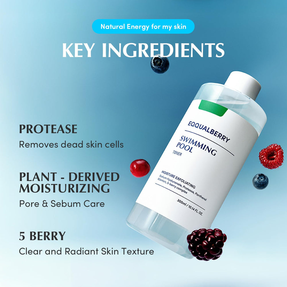 EQQUALBERRY Swimming Pool Toner hyaluronic acid illustration emphasizes deep hydration.
