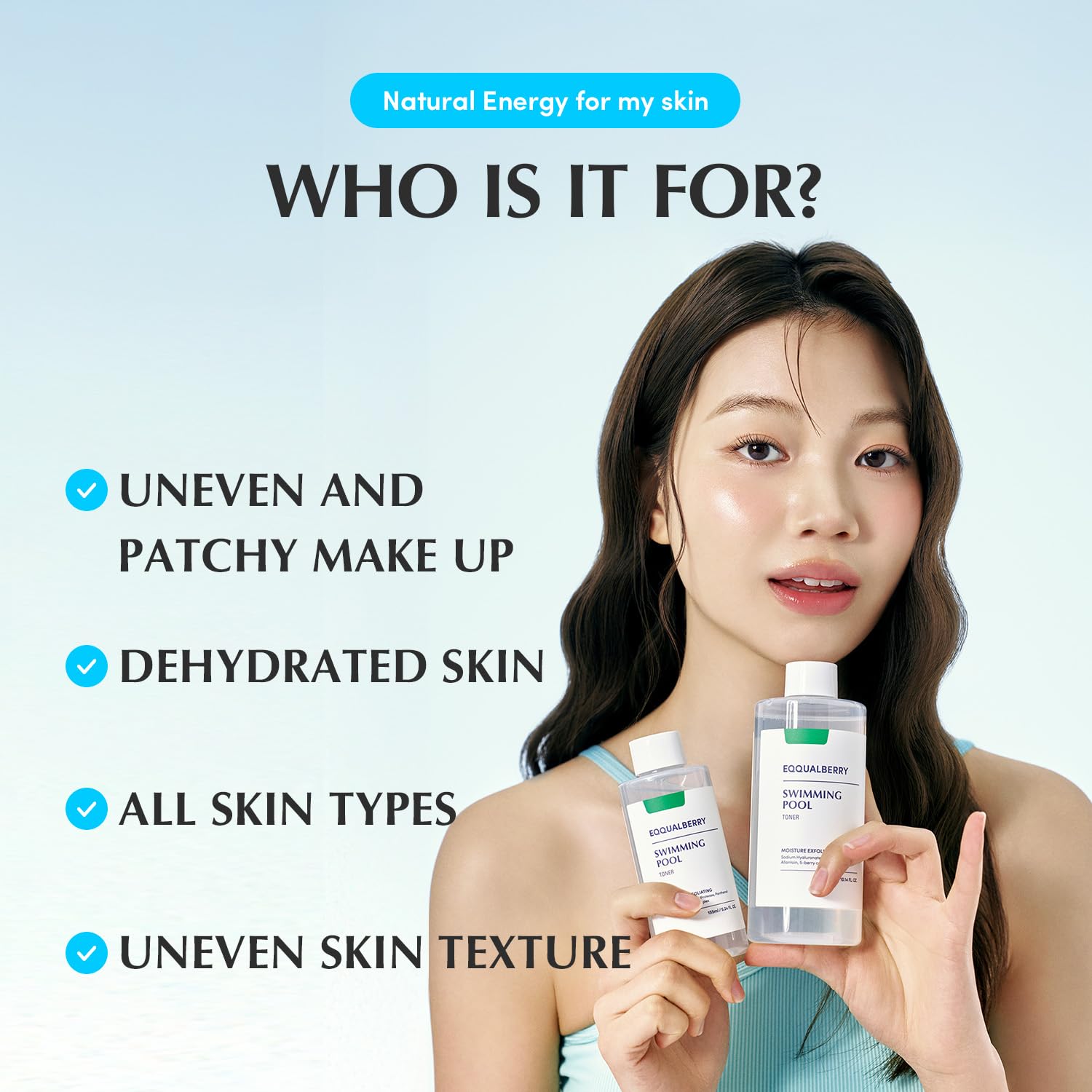 EQQUALBERRY Swimming Pool Toner protease enzymes graphic highlights gentle exfoliation.