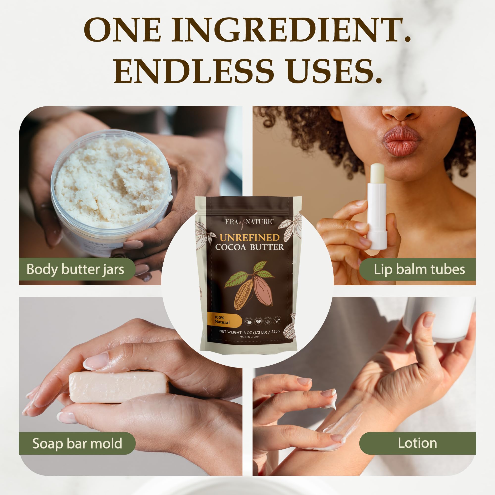 Era of Nature Cocoa Butter Raw eases DIY skincare and haircare preparations.