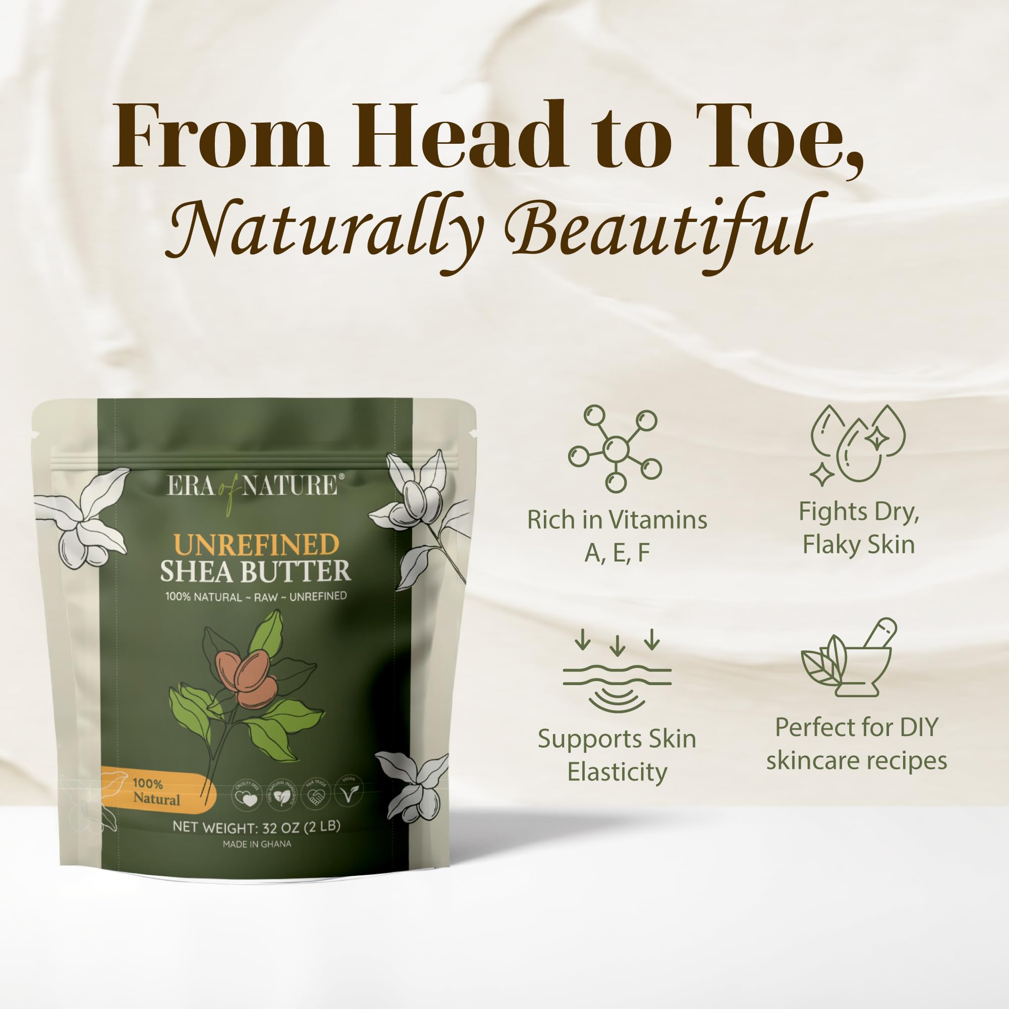 Era of Nature raw unrefined shea butter pour showing creamy texture for DIY base.