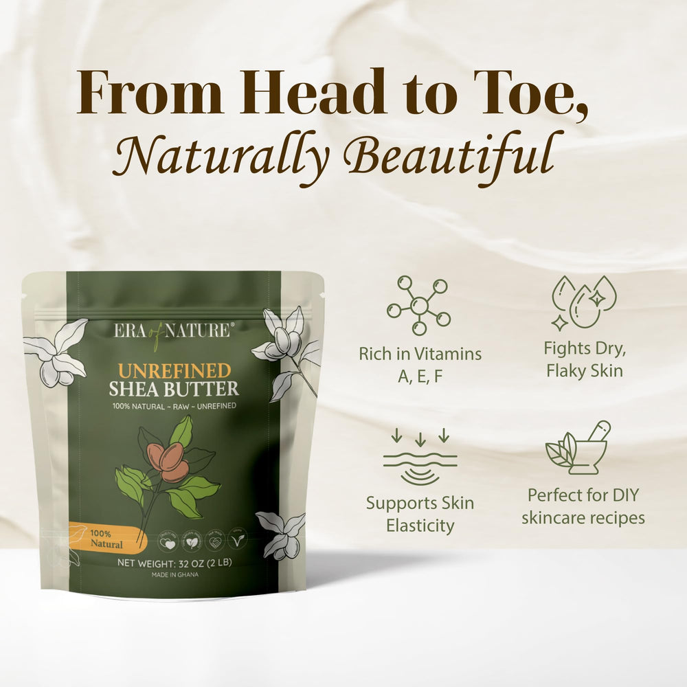Era of Nature raw unrefined shea butter pour showing creamy texture for DIY base.
