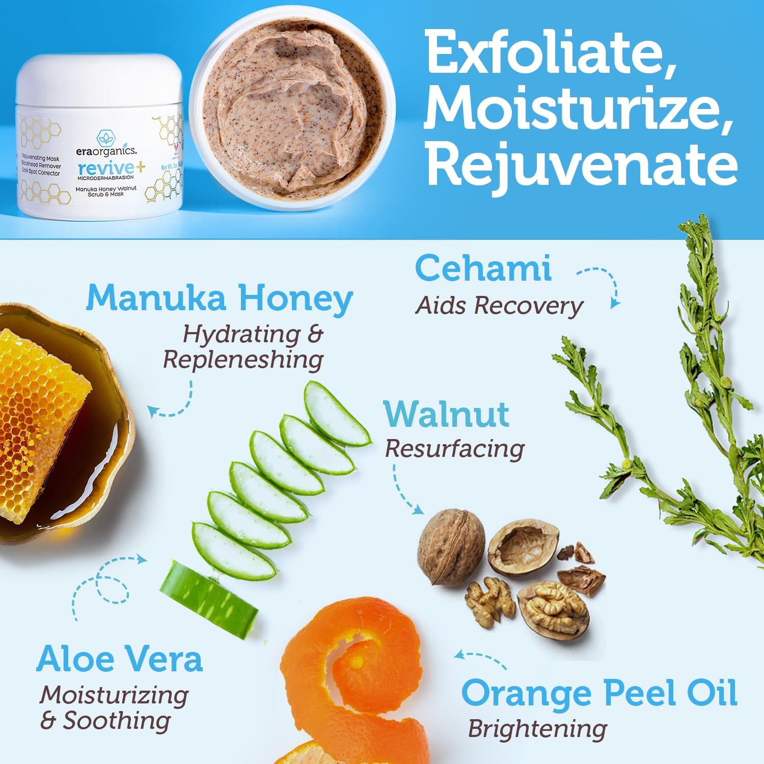 Era Organics Manuka Honey Exfoliating Face Scrub packaging front highlighting natural superfoods for radiant skin