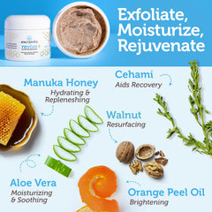 Era Organics Manuka Honey Exfoliating Face Scrub packaging front highlighting natural superfoods for radiant skin