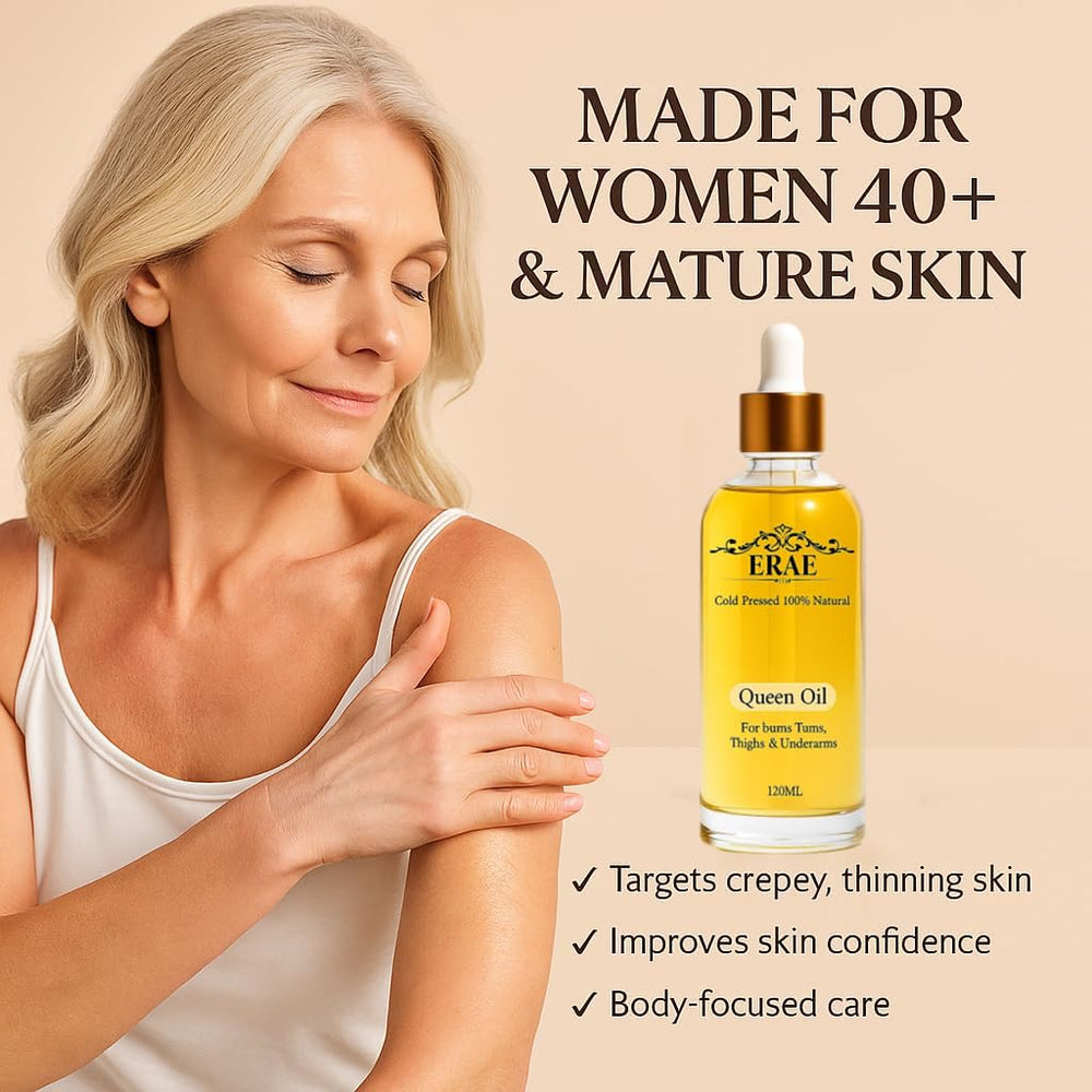 ERAE Queen Body Oil close-up highlights texture and absorption.