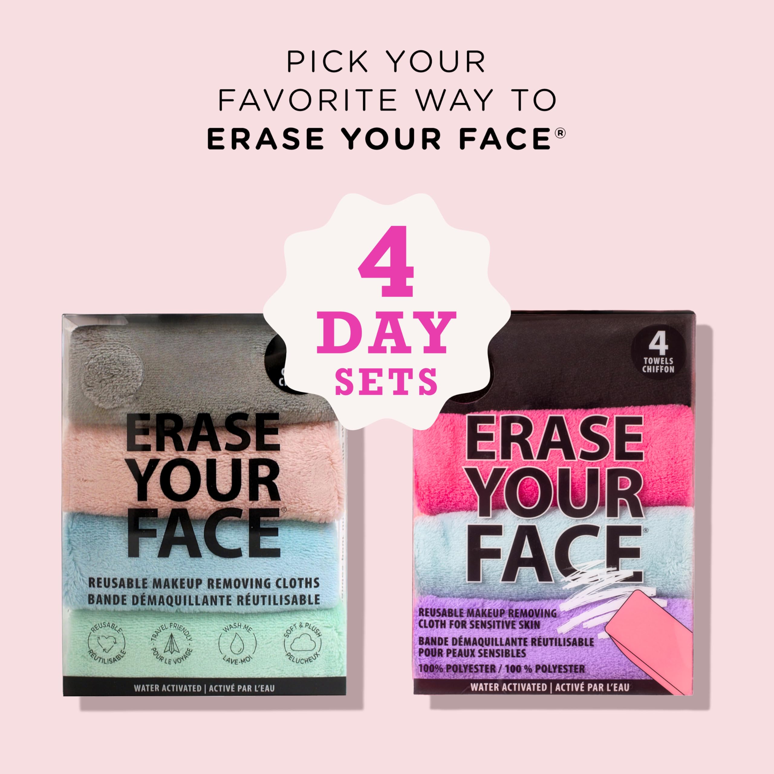 Conjunto de 4 toallas reutilizables ERASE YOUR FACE para rutina diaria de limpieza.
