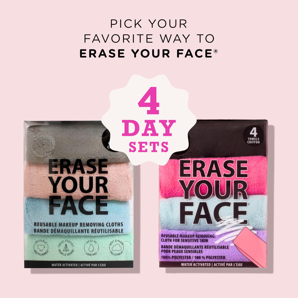 Conjunto de 4 toallas reutilizables ERASE YOUR FACE para rutina diaria de limpieza.