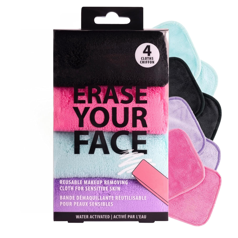 La toalla desmaquillante ERASE YOUR FACE de microfibra se usa con agua para quitar maquillaje.
