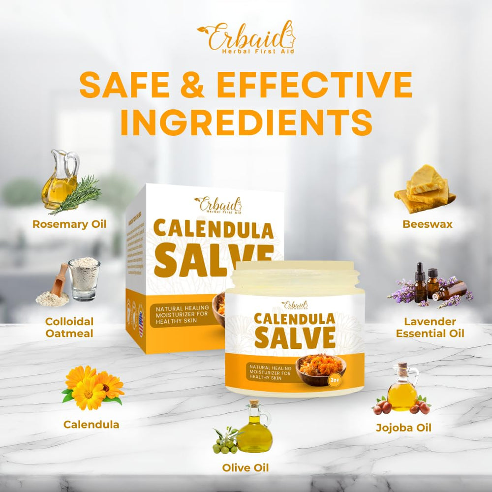 Erbaid Calendula jojoba oil drops focus highlights lightweight nourishing base.