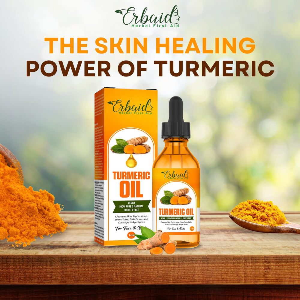 Erbaid Turmeric Oil amber texture swirl suggests luxurious, quick-absorption formula.