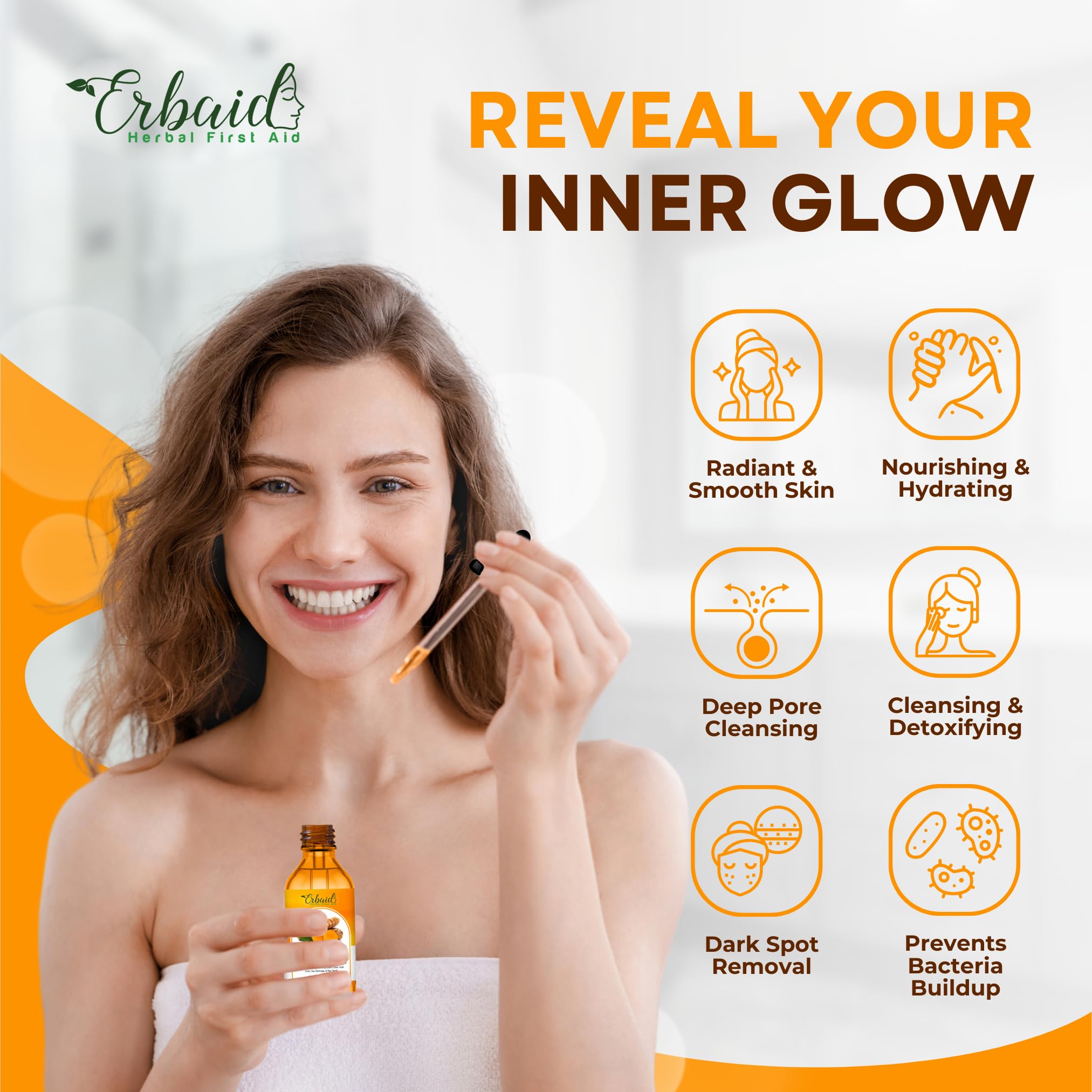 Erbaid Turmeric Oil drop on hand shows light texture and smooth spread.