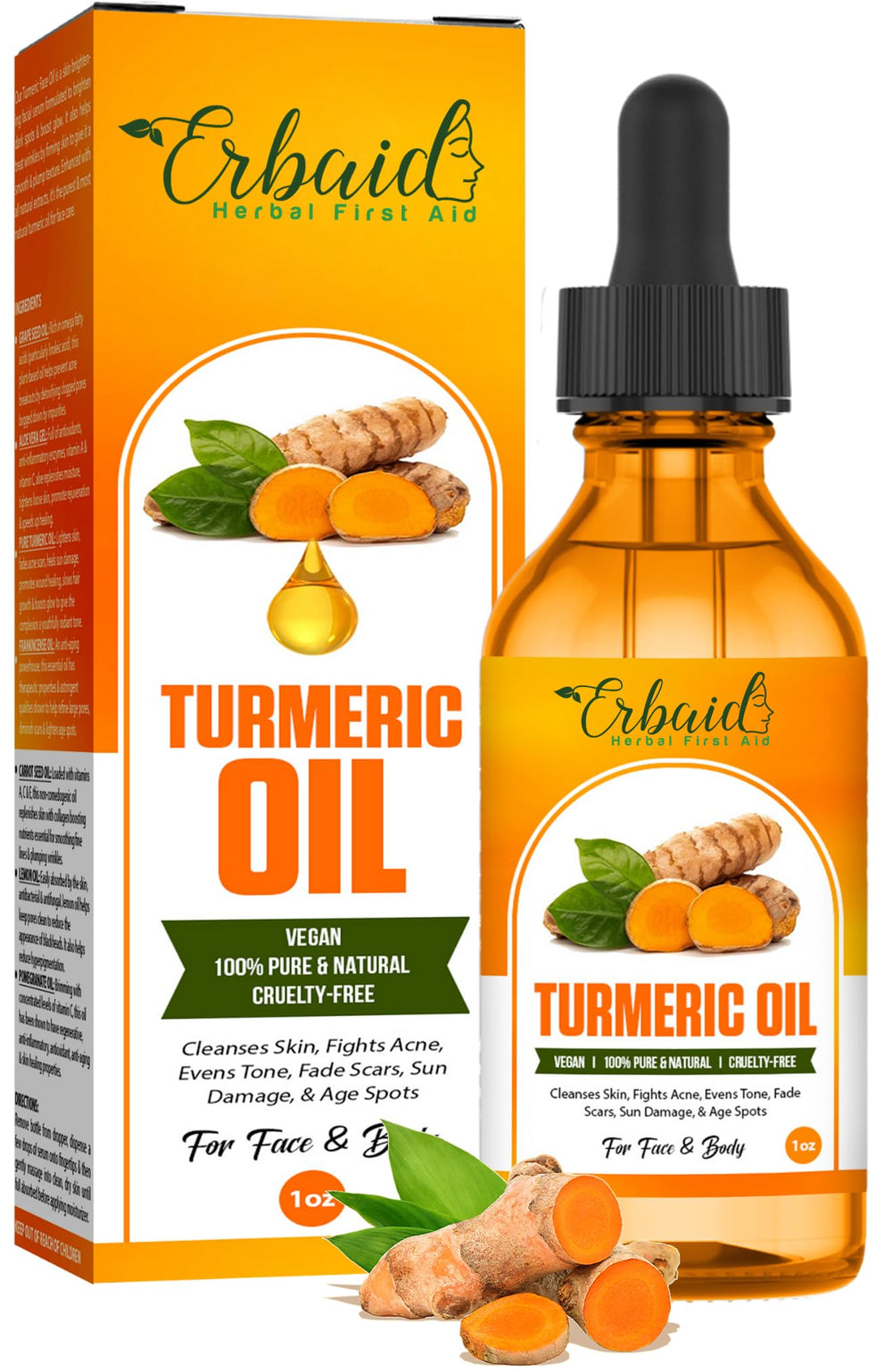 Erbaid Turmeric Oil face serum bottle shows radiant, even-tone potential.