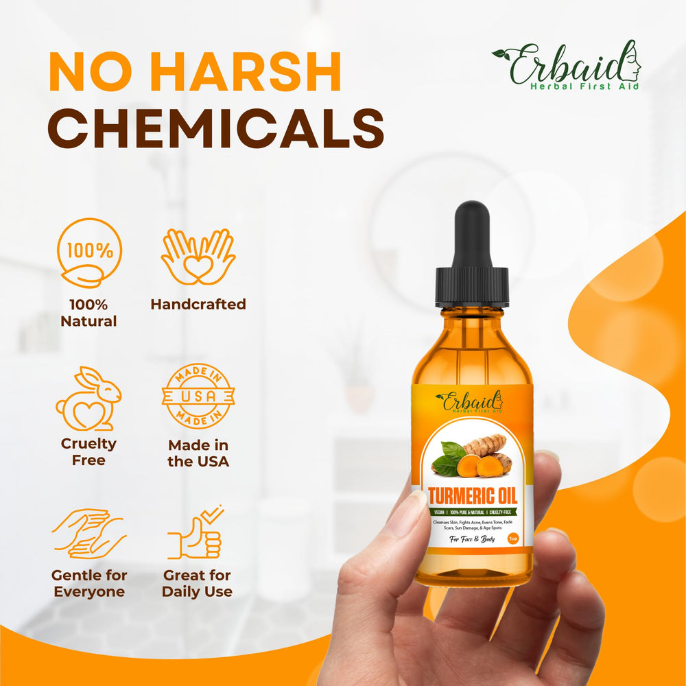 Erbaid Turmeric Oil glow on skin hints at brightening use and smooth finish.
