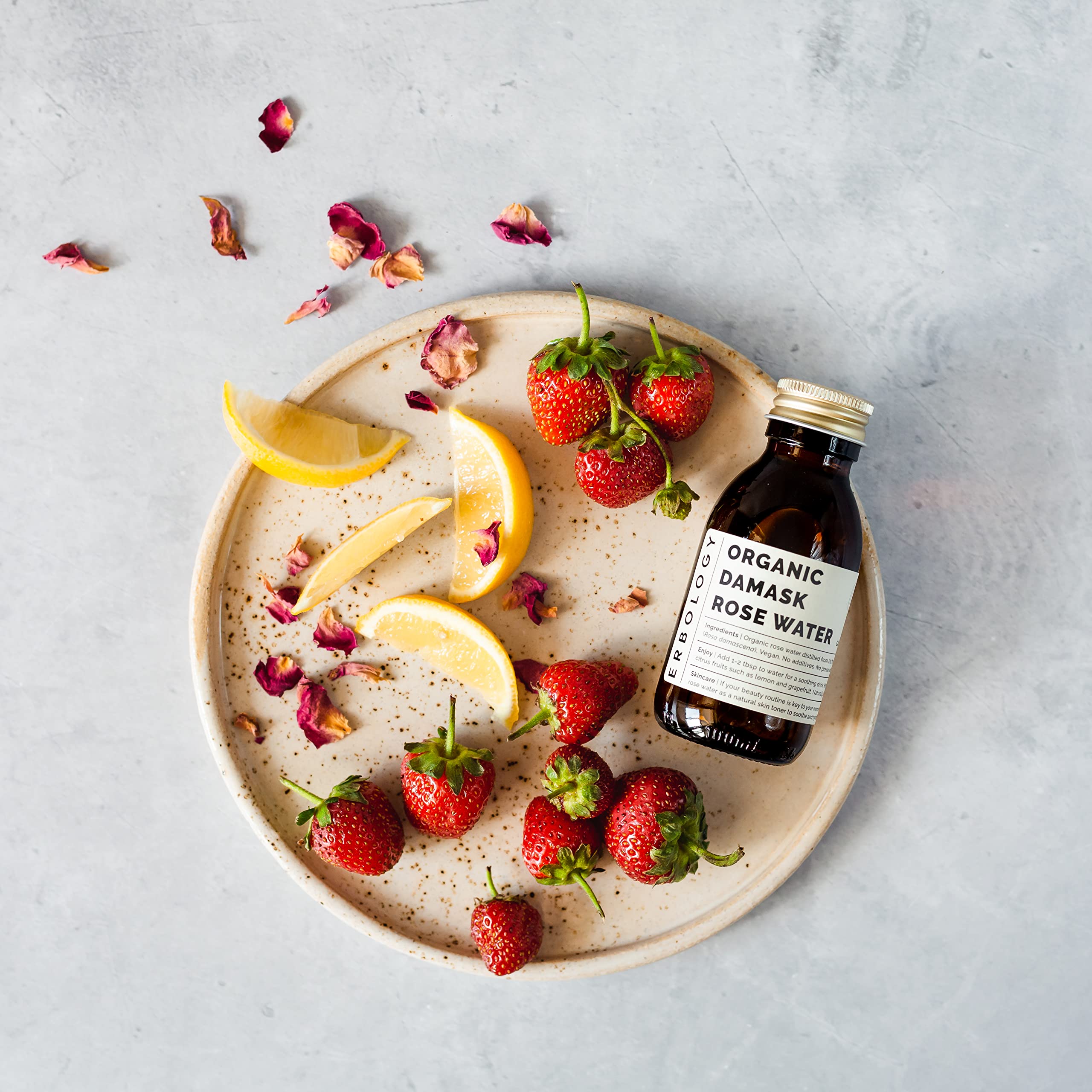 Erbology Rose Water distillation process emphasizes essential oil-rich Damask rose