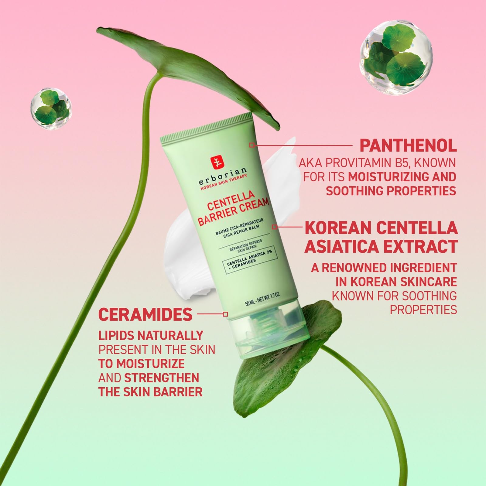 Erborian Centella Barrier Cream texture swatch on skin.