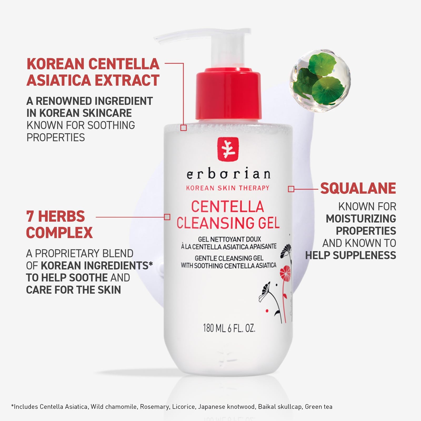 Erborian Centella Cleansing Gel foam illustrating a gentle lather purifying without dryness.