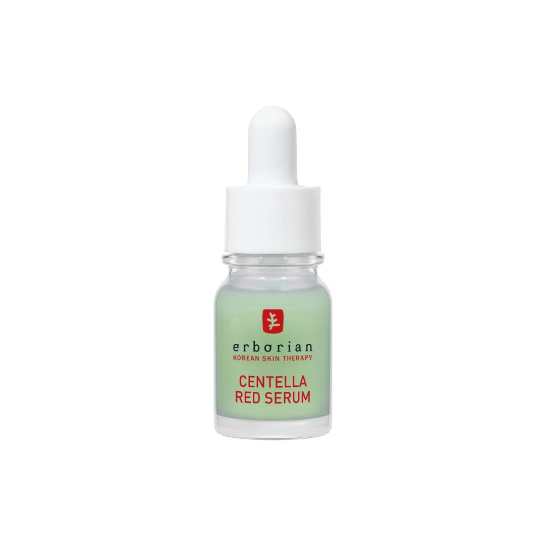 Erborian Centella Red Serum: botella elegante para cuidado diario y calmante de irritaciones.