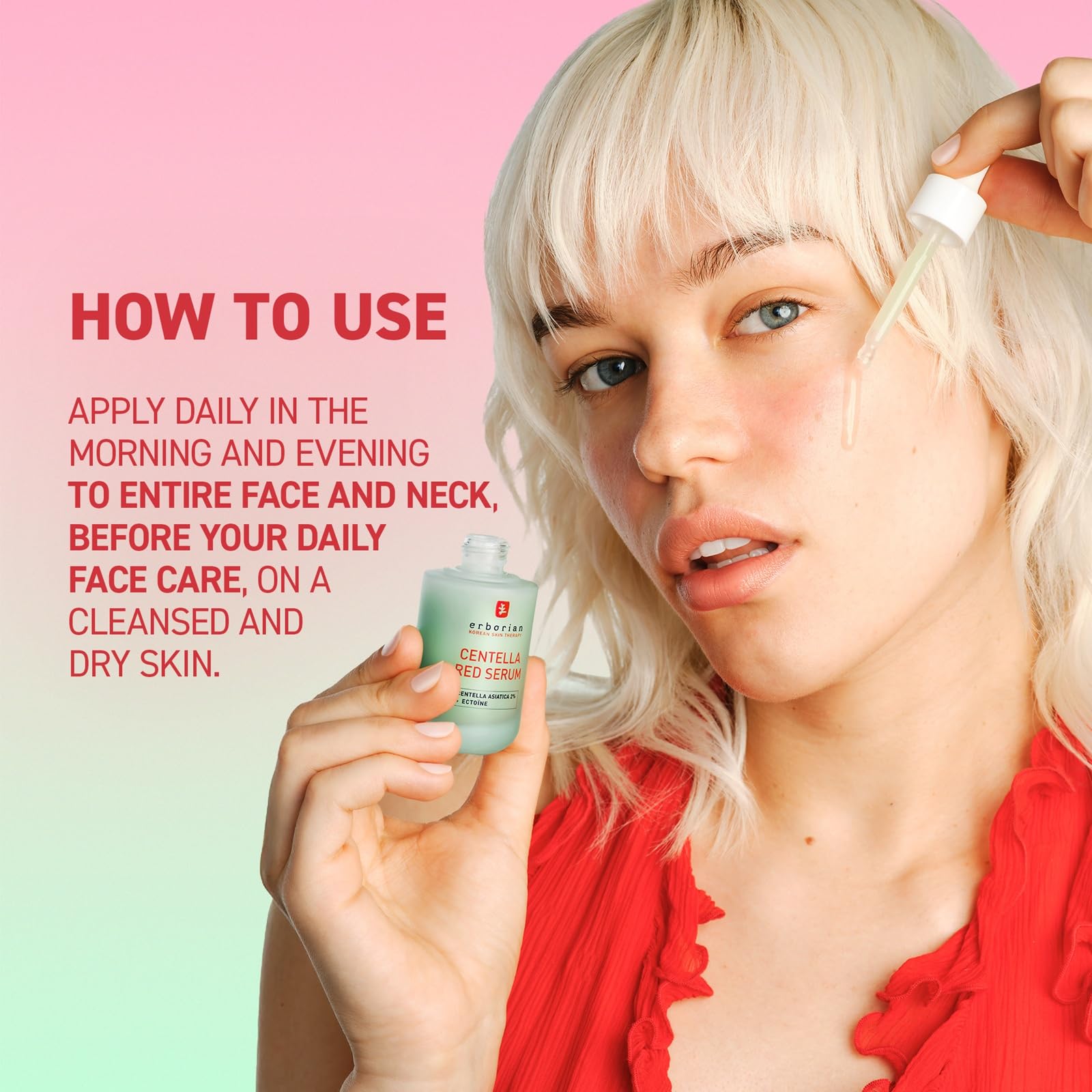Envase sin fragancia de Erborian Centella Red Serum para piel sensible.