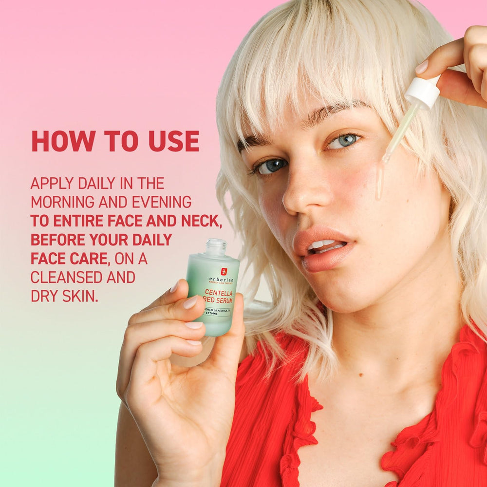 Envase sin fragancia de Erborian Centella Red Serum para piel sensible.